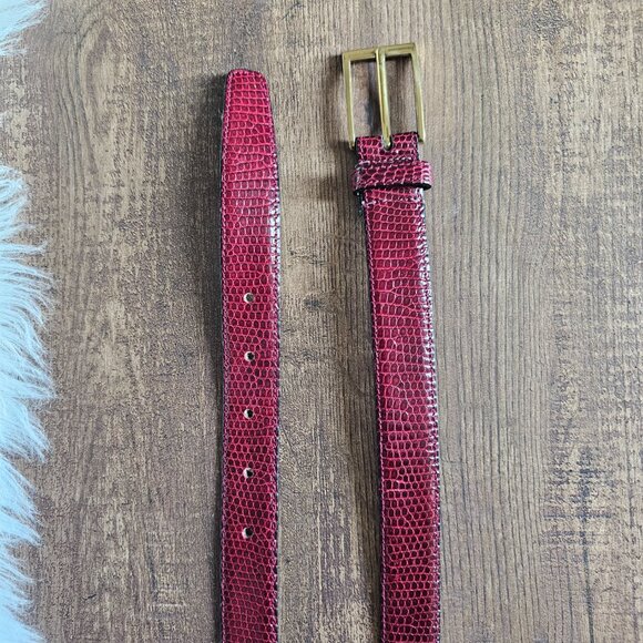 Vintage Snakeskin Italian Leather Belt with Brass Buckle, 36” M/L, Burgundy - Picture 3 of 5